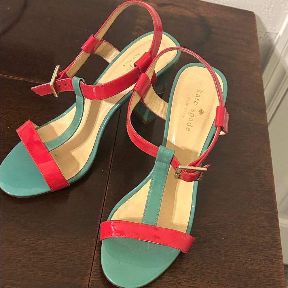 kate spade Red and Teal Patent Leather T-Strap Heels - Size 8